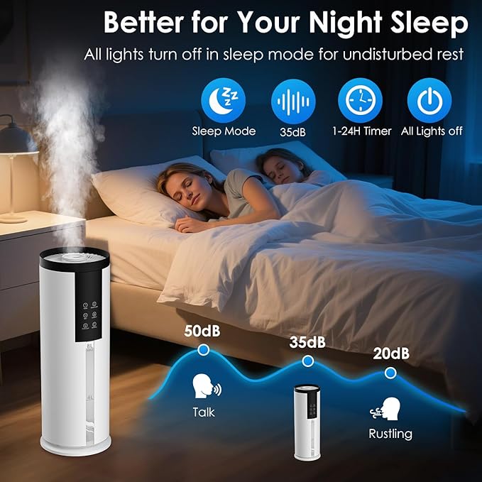 Humidifiers for Bedroom - GloryAir 2.11Gal (8L) Quiet Top Fill Cool Mist Humidifier Large Room 550 ftΒ² 120H Runtime with Humidistat, Auto Mode Diffuser 7-Color Light for Plants Baby Adults Office Home