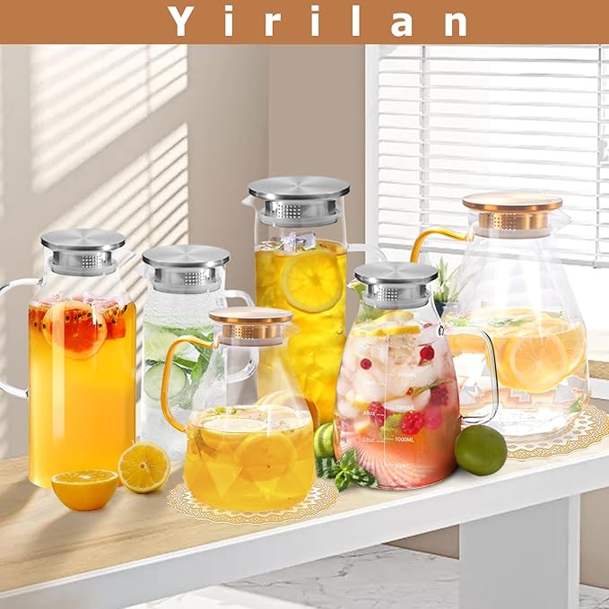 Yirilan Glass Pitcher, 2.6 Liter Water Pitcher with Lid, Large Juice Pitchers for Drinks, Glass Water Carafe, Glass Tea Jug, Beverage Pitchers
