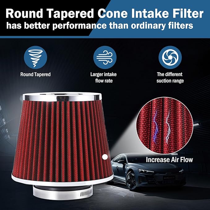 Universal Clamp-On Air Intake Filter, Fit Intake Tube with 3/3.5/4in Diameter, High Performance, Washable Filter, Replacement Air Filter, Flange Diameter 3inch/76mm (Red)