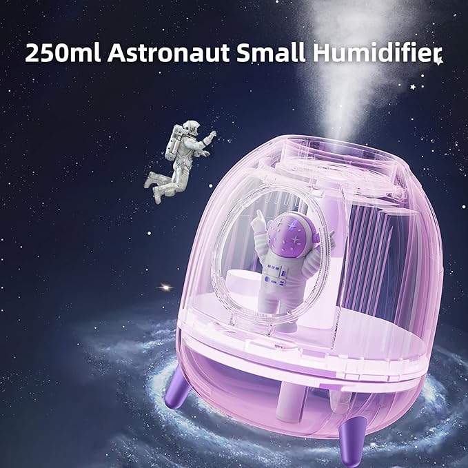 Mini USB Humidifier 250ml with 7 Colors LED Night Light, Small Humidifier for Kids, Plant, Bedroom, Office, Desk, Babies Room, No Battery (White - Spaceman)