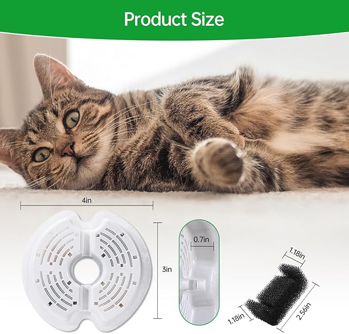 8 Packs Cat Water Fountain Filters for Ultra Silent Cat Fountain 67oz/2L with LED Night Light, Triple Filtration System Activated Carbon Filter with Pre-Filter Sponges for Pet Water Fountain