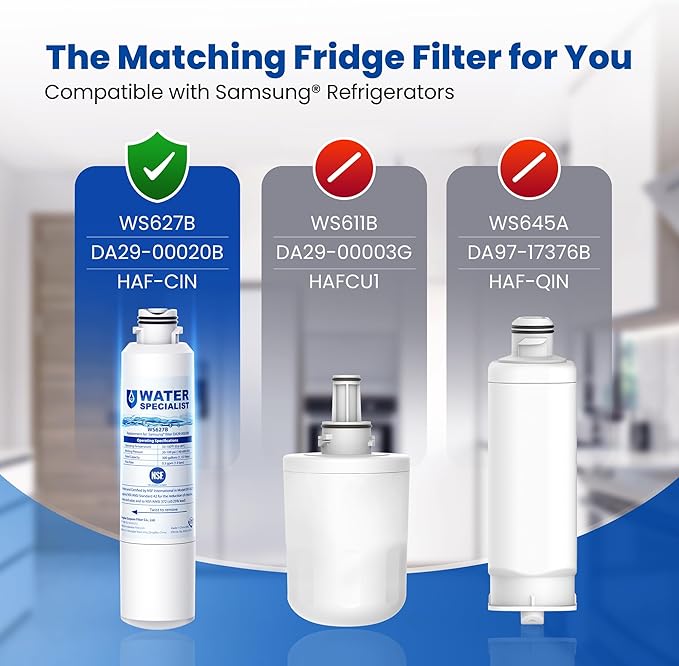 Waterspecialist DA29-00020B Samsung Water Filter for Refrigerators, Replacement for Samsung Water Filter DA29-00020B, HAF-CIN, RS25J500DSR, RF28HMEDBSR, HAF-CIN/EXP, RF4287HARS, RF28HFEDBSR, 3 Filters