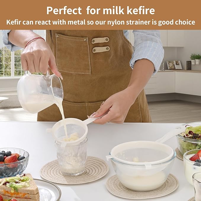 Kefir Strainer Set, 2-Size Plastic Non-Metal Sieve with Fine Mesh for Kefir Grains, Milk Kefir, Water Kefir & Kombucha - Durable, Food Grade & Easy Clean