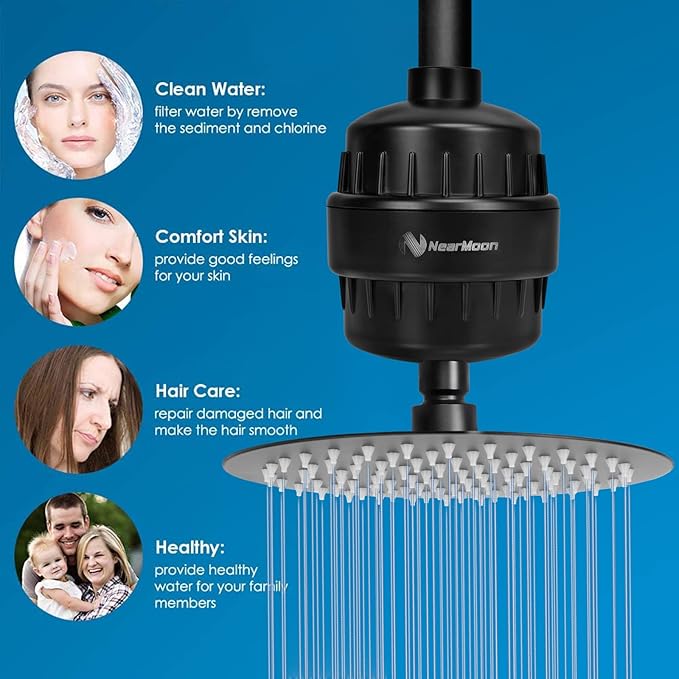 NearMoon High Output 15 Stage Shower Filter - Filtered Shower head softener for Hard Water,Reduces Dry Itchy Skin, Dandruff and Improves the Condition of Your Skin, Hair (Matte Black)
