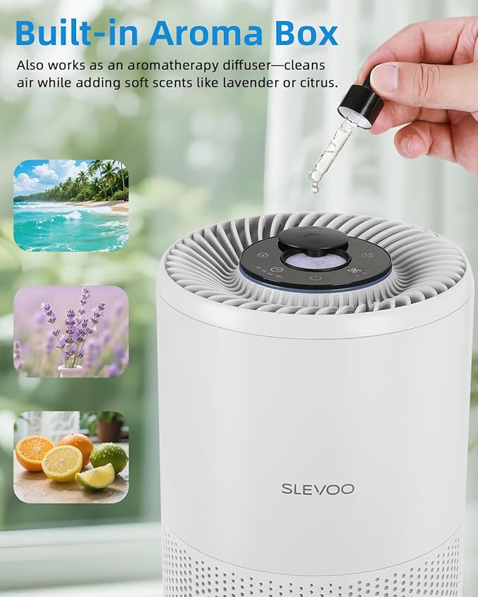 SLEVOO Air Purifier for Home Bedroom up to 1015 ft², Allergies Pet Hair, 3-in-1 Filter with hepa Air Purifier, Ultra Quiet 24 DB Sleep Mode,Aromatherapy,clean for Allergies,Pollutants,Smoke (White)