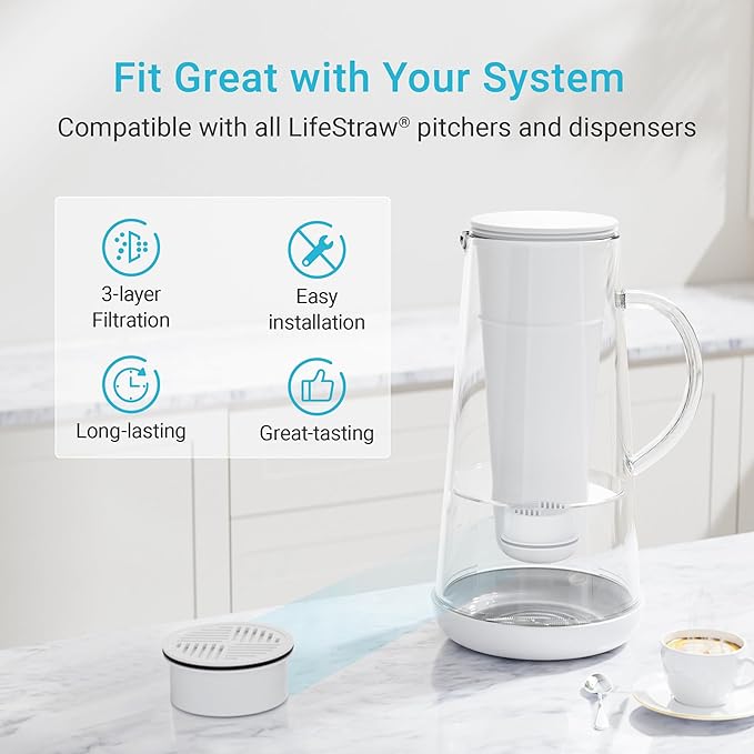 AQUA CREST Water Filter Compatible with LifeStraw® Home Pitcher and Dispenser Systems, Replacement for LifeStraw® Water Filter, Reduces Chlorine and Odor, Activated Carbon Filters, 3 Packs