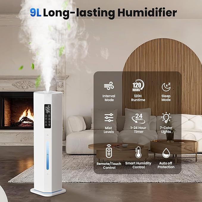 Humidifiers for Bedroom - GloryAir 2.38Gal/9L Top Fill Cool Mist Humidifier for Large Room 500ftΒ² 120H Last with Auto Mode 7-Color Light Humidistat Aroma Box Quiet Humidifiers for Plants Baby & Adults