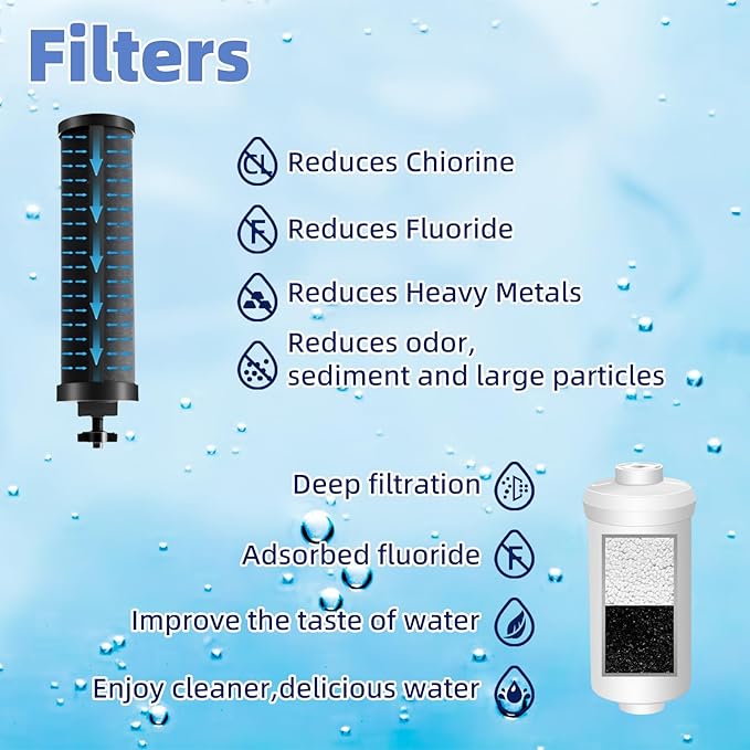 Gravity-Fed Water Filter System, Glass water filter, Glass Countertop Water Filtration Dispenser, with Wooden Stand and 2 Filters, 2.25 Gallon,for Home and Office