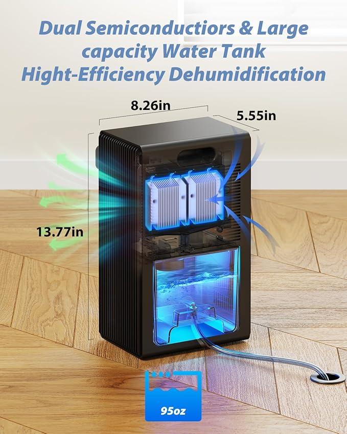 Dehumidifier, 95 OZ Dehumidifiers for Home (800 sq.ft), Quiet Small Dehumidifiers for Bedroom Bathroom Basements Closet RV, Auto Shut Off, Two Working Models and 7 Colors LED(Black)