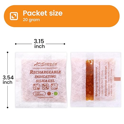 Adsorbco Rechargeable Desiccant, Indicating Silica Gel Packets, Moisture Absorbers for Storage, Gun Safe Dehumidifiers (20, 20g)
