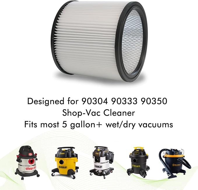 12 PCS Cartridge Filter 90304 Compatible with Shop Vac 90350 90333 5 Gallon and above,with 90585 Foam Filter, 90107 Filter,10-14 Gallon Vacuum Bags,Retaining Bands