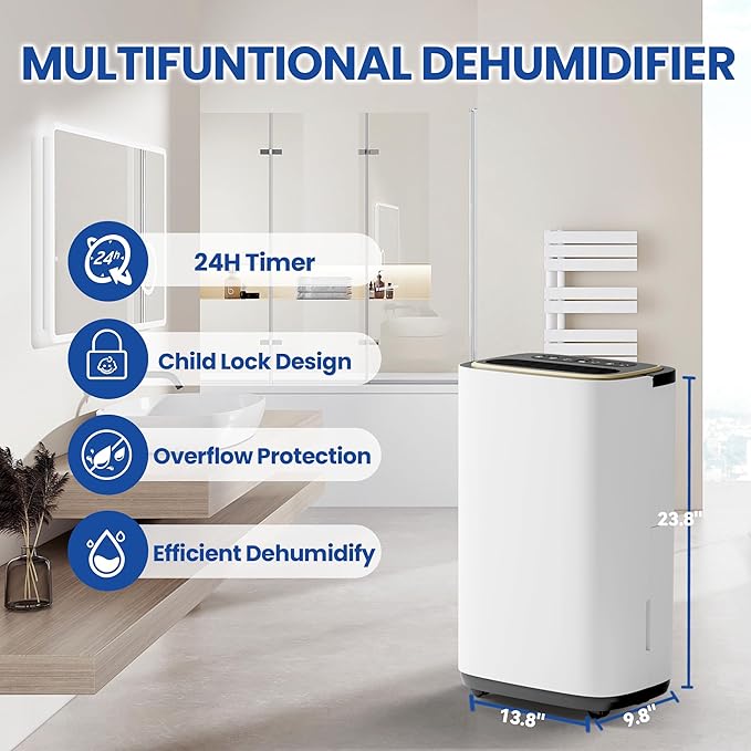 4500 Sq.Ft Dehumidifier for Basement with Drain Hose, 50 Pint Large Best Compressor Dehumidifiers for Home or Garage, Continuous Dehumidifying Features Humidity Display, 24H Timer and Child Lock