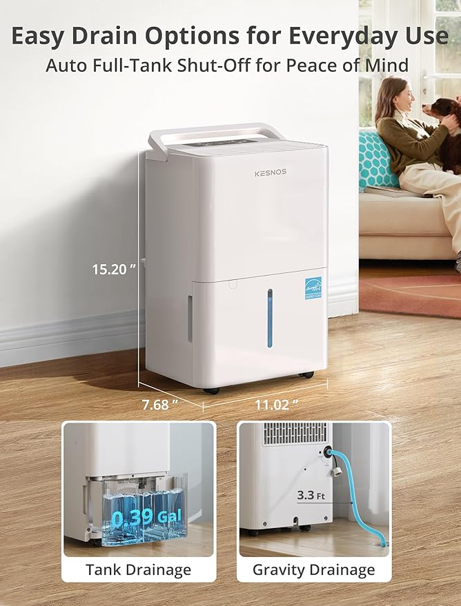 Kesnos 30 Pints Energy Star Dehumidifier for Spaces Up to 2,500 Sq. Ft, Quiet Dehumidifier for Home, Bedroom, Bathroom, Basement with Drain Hose, Featuring Mutile Mode, Auto Defrost, Timer Function