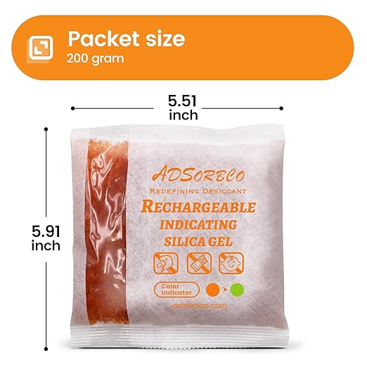 Adsorbco Rechargeable 200 Gram 10 Packs Desiccant, Indicating Silica Gel Packets, Moisture Absorbers for Storage, Gun Safe Dehumidifiers