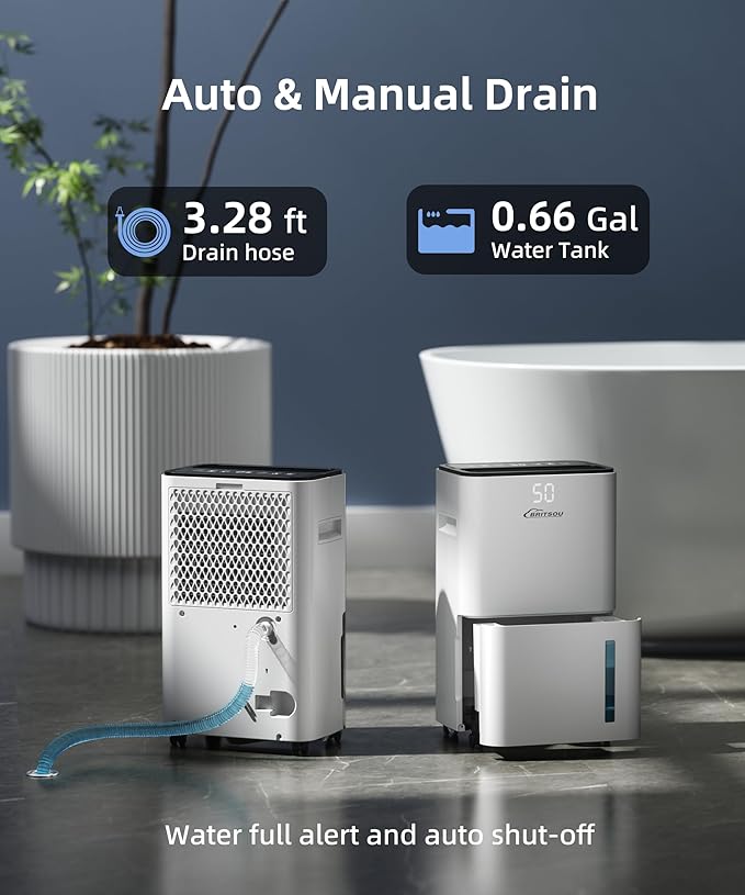 BRITSOU 34 Pint Dehumidifier for Basement with Drain Hose & 0.66 Gallon Water Tank, Manual & Auto Drainage, Smart Quiet Dehumidifiers for Home with Auto Shut off, 24HR Timer