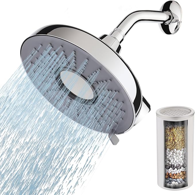 Filtered Shower head,8-Inch High Pressure Rainfall Showerhead, 360°Adjustable Swivel,3 Spray Patterns,15 Stage Shower Filter Combo(Chrome)
