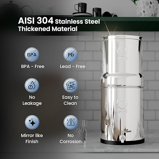 3.25 Gallon Water Filter AISI 304 Stainless Steel Gravity Fed Water Filter System, NSF Certified 2 Smart Carbon Filter Elements, Free Stainless Steel Stand & Water Spigot