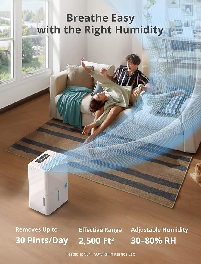Kesnos 30 Pints Energy Star Dehumidifier for Spaces Up to 2,500 Sq. Ft, Quiet Dehumidifier for Home, Bedroom, Bathroom, Basement with Drain Hose, Featuring Mutile Mode, Auto Defrost, Timer Function