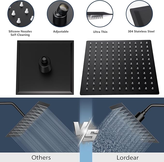 Lordear Filtered Shower Head 8 Inch Stainless Steel Square Shower Head, High Pressure Showerhead for Hard Water,Ceiling or Wall Mounted Waterfall Shower (Matte Black)