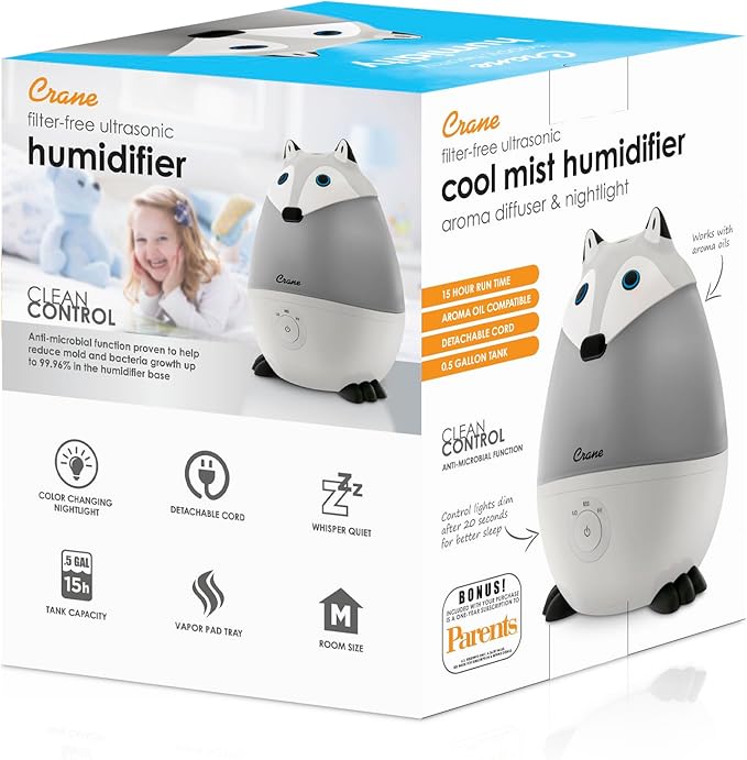 Crane Ultrasonic Cool Mist Animal Humidifier for Kids' Bedroom & Nursery, Adjustable 0.5 Gallon, Auto Shut-Off Silver Fox 0.5 Gallon Grey