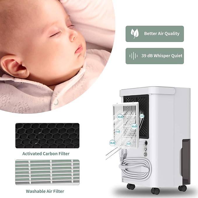 Uhome 30 Pint Dehumidifier - for Basement with Activated Carbon Filter,Ultra Quiet, Humidity Sensor, Auto Shut Off, Continuous Drainage Hose - Ideal Dehumidifiers for Home, 1500 Sq Ft Dehumidifiers
