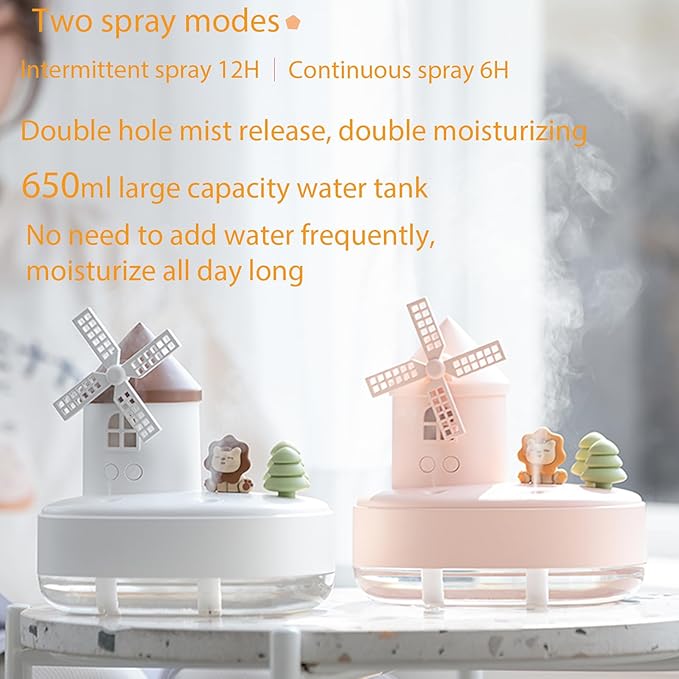 Ultrasonic Humidifiers for Bedroom and Office,Cold fog humidifier with music box, rotary windmill baby humidifier with night light, dual nozzle, two spray modes and ambient light