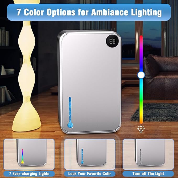Dehumidifier,25 oz Water Tank Dehumidifer for Home,(280 sq. ft) Quiet with Timer, Automatic Shut-off function and Drain House,Dehumidifiers for Bathroom, Bedroom, Basement, 7-color LED light,Grey
