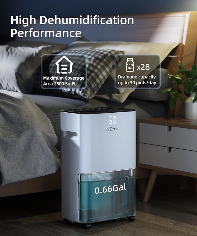 BRITSOU 34 Pint Dehumidifier for Basement with Drain Hose & 0.66 Gallon Water Tank, Manual & Auto Drainage, Smart Quiet Dehumidifiers for Home with Auto Shut off, 24HR Timer