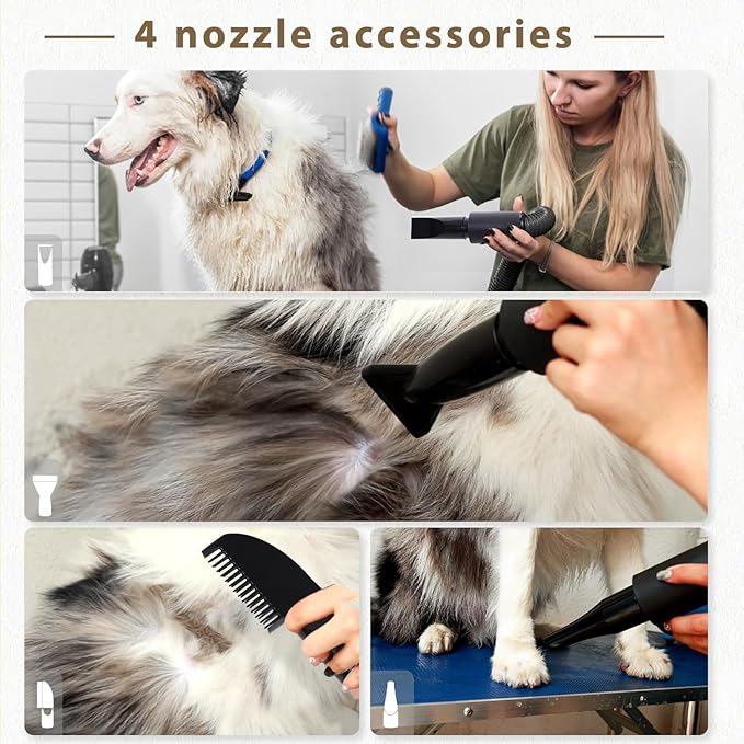 High Velocity Blow Dryer for Dogs, 5.2HP/ 3800W Dog Hair Dryer Speed Temperature Adjustable,Dog Blow Dryer with Thickened Handle,Low Noise Dog Blower Grooming Dryer,4 Nozzles,1 Massage Brush,Black