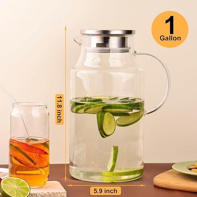 128oz Glass Pitcher with Lid,1 Gallon Glass Water Pitcher Hot/Cold Water Jug, 3.7LJuice and Iced Tea Beverage Carafe with Lid