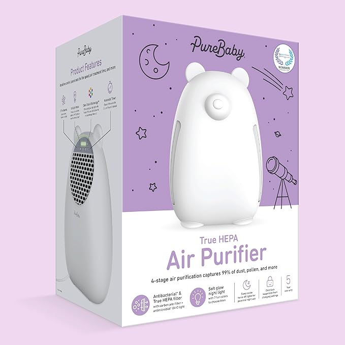 Pure Enrichment PureBaby Kids Bear Air True HEPA Air Purifier - 4 Stage Air Filtration, UV-C Light, and Night Light for Medium-Large Rooms - Baby Nurseries, Kid Bedrooms (White)
