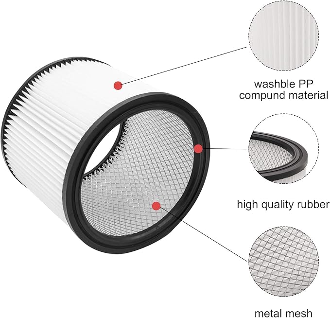 12 PCS Cartridge Filter 90304 Compatible with Shop Vac 90350 90333 5 Gallon and above,with 90585 Foam Filter, 90107 Filter,10-14 Gallon Vacuum Bags,Retaining Bands