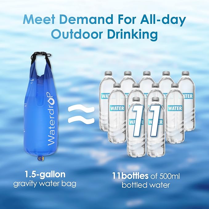 Waterdrop Gravity Water Filter Straw, Camping Water Filtration System, Water Purifier Survival for Travel, Backpacking and Emergency Preparedness, 1.5 gal Bag, 0.1 Micron, 5 Stage Filtration, Blue