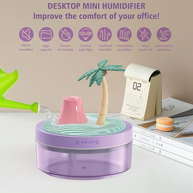 Mini Portable Desktop Humidifiers for Bedroom,Small Humidifier with Cocount Tree,Quiet,Cool Mist, Auto Off,7 Colors Night Light,320ml Air Humidifier Home Office Travel (PURPLE)