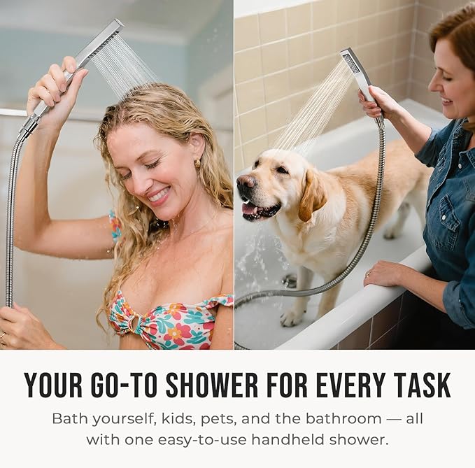 G-Promise All Metal 8 Inch Dual Square Shower Head with Handheld Spray Combo, Rain Shower Head, Adjustable Extension Arm, Smooth 3-Way Diverter, 71 Inch Extra Long Hose - A Bathroom Upgrade (Chrome)