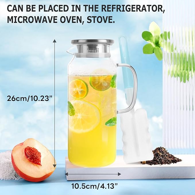 Yirilan Glass Pitcher, 2 Liter(68oz) Water Pitcher with Lid and Spout, Large Pitchers for Drinks, Glass Water Carafe, Glass Jug, Beverage Pitchers