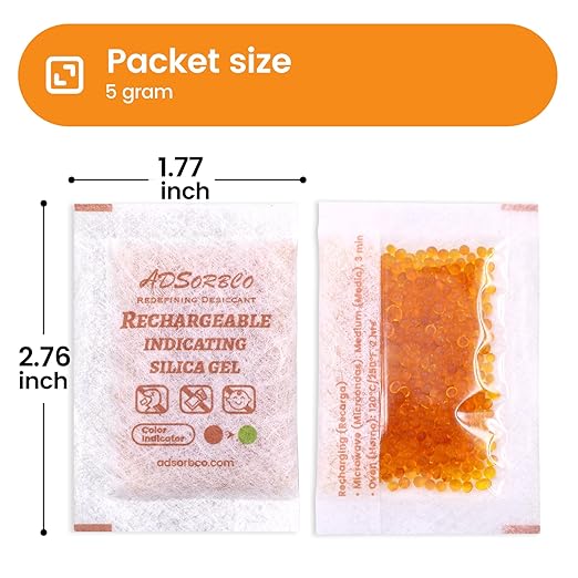 Adsorbco Rechargeable Desiccant, Indicating Silica Gel Packets, Moisture Absorbers for Storage, Gun Safe Dehumidifiers (100, 5g)