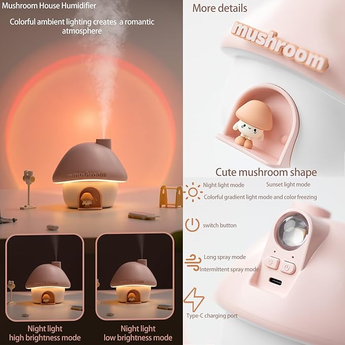 Humidifier for Bedroom,Portable Humidifier,Baby humidifiers with 7 modes of sunset atmosphere lighting and 2 modes of night light,two spray modes,suitable for children,bedroom and office