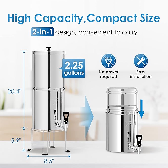 Waterdrop Gravity-fed Water Filter System, 2.25G Stainless-Steel System with 4 Filters, Metal Water Level Spigot and Stand, NSF/ANSI 42&372 Standard, Reduces Chlorine-King Tank for Emergencies