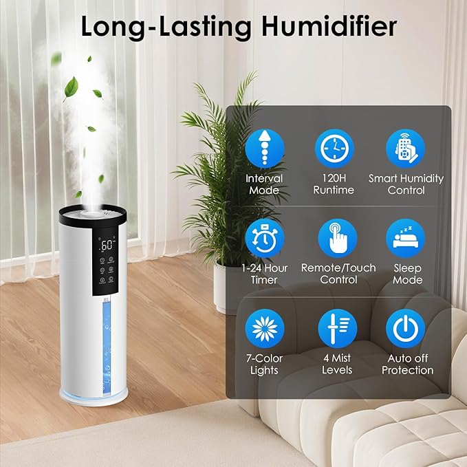 Humidifiers for Bedroom - GloryAir 2.11Gal (8L) Quiet Top Fill Cool Mist Humidifier Large Room 550 ftΒ² 120H Runtime with Humidistat, Auto Mode Diffuser 7-Color Light for Plants Baby Adults Office Home