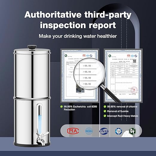 2.25G Gravity Water Filtration System - Water Level Window、8-Stage 0.01μm Ultra-Filtration,18/8 Stainless Steel Countertop System - Reduce Up to 99.9% Chlorine, for Home, RVing, Camping
