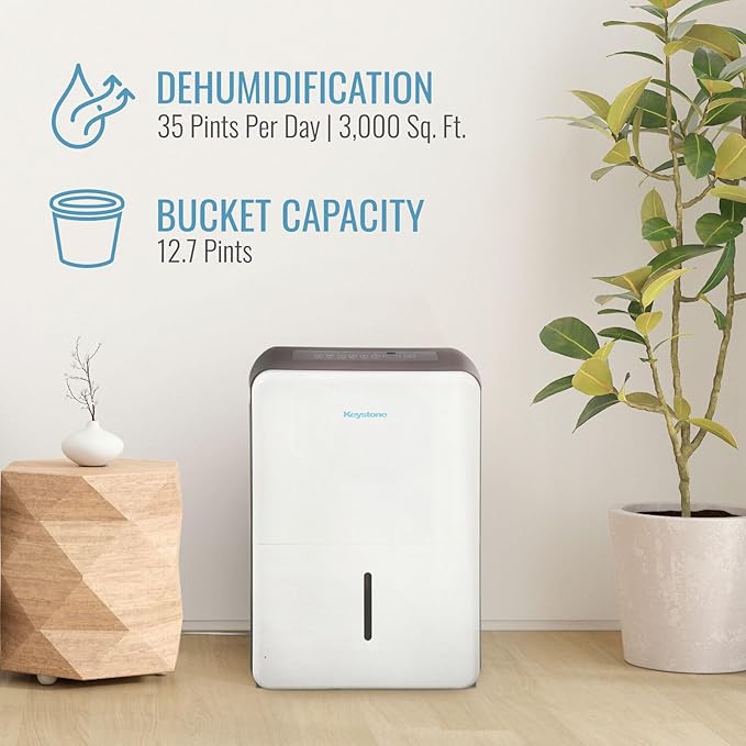 Keystone Energy Star 35-Pint Portable Dehumidifier for Extra Large Rooms Up to 3,000 Sq.Ft. with Auto-Shutoff & Timer, Quiet Home Dehumidifier and Moisture Absorber For Basement, Garage, Living Room