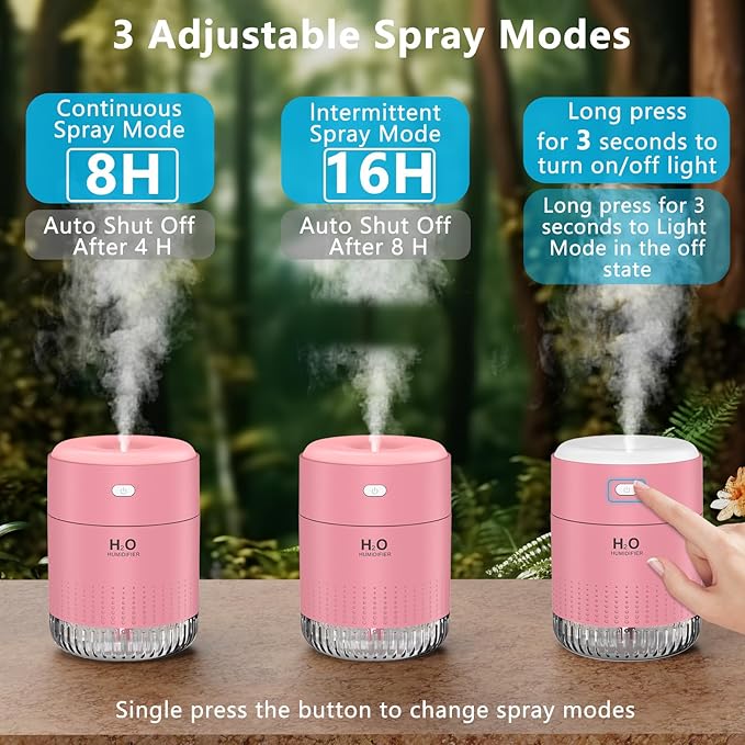 Colorful Mini Humidifier, USB Rechargeable Humidifier, 4 Modes Super Quiet, Humidifiers For Bedroom,Suitable For Travel Office Family-Rose Pink