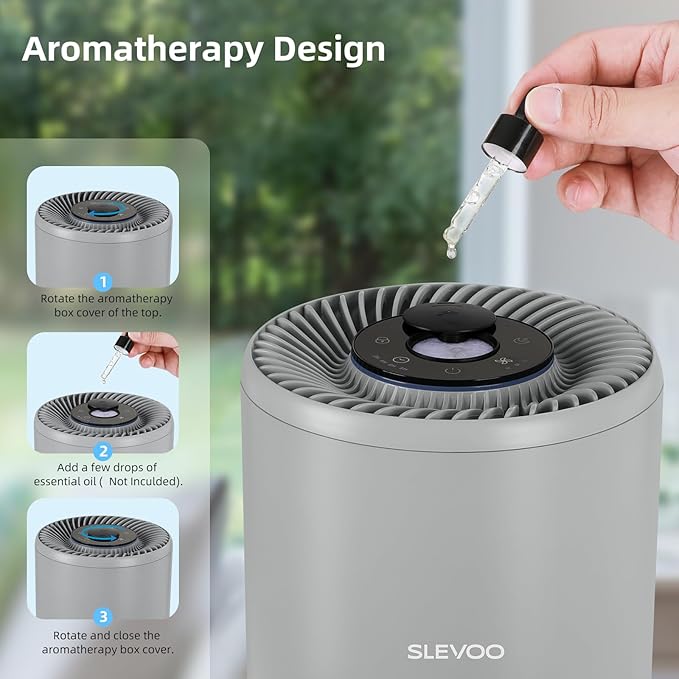 SLEVOO Air Purifier for Home Bedroom up to 1015 ft², Allergies Pet Hair, 3-in-1 Filter with hepa Air Purifier, Ultra Quiet 24 DB Sleep Mode,Aromatherapy,clean for Allergies,Pollutants,Smoke (Gray)