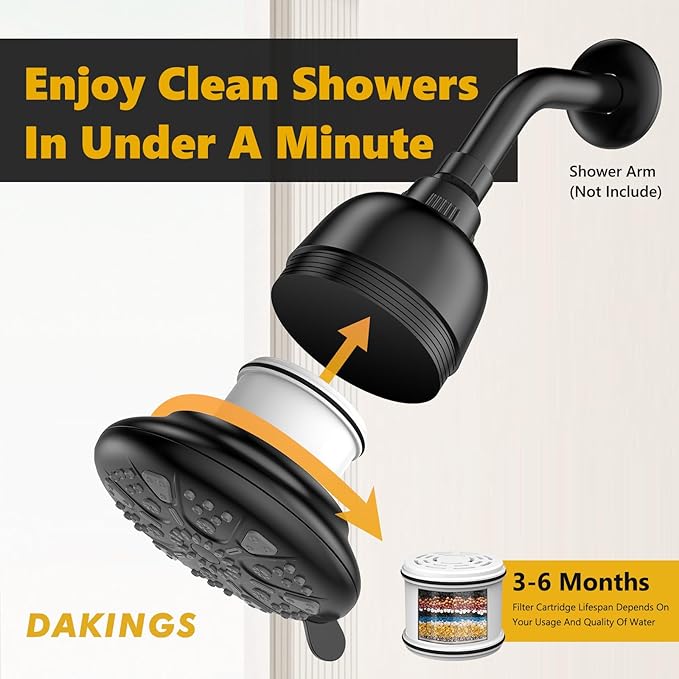 Filtered Shower Head with16 Stage Shower Filter Cartridge High Pressure 7 Spray Settings Shower Head Filter for Hard Water Removes Chlorine and Heavy Metals, Black