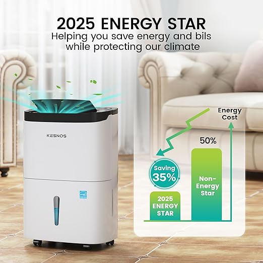 Kesnos 80 Pints Energy Star Dehumidifier for Home & Basement with Drain Hose, Ideal for Large Spaces up to 5,000 Sq. Ft., Featuring Auto Defrost & Self-Drying Function