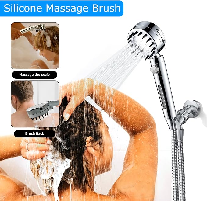 Filtered Handheld Shower Head High Pressure with 4 Spray Mode, Chlorine Removal for Sensitive Skin & Hard Water, Pets Bath, RV/Gym Use, pressure adjustment ON/OFF Switch. (Silvery)