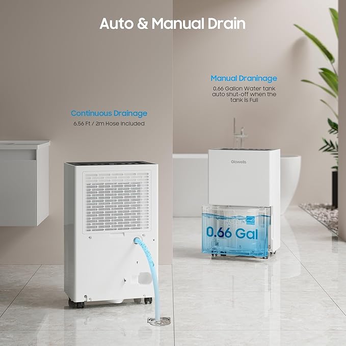 4500 Sq.ft Energy Star Dehumidifier for Home Basement, Glowells 52 Pints Large Room Dehumidifier with Drain Hose & Water Tank 0.58 Gal, Dehumidifiers with Smart Humidity Control, Auto Defrost
