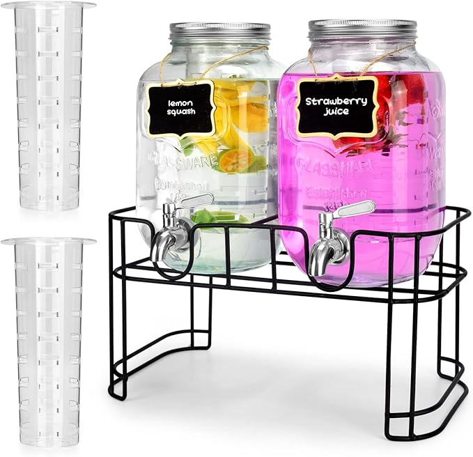 1 Gallon Glass Drink Dispensers For Parties 2PACK.Beverage Dispenser,Drink Dispenser With Stand And Stainless Steel Spigot 100% Leakproof.Glass Drink Dispenser With Ice Cylinder. Lemonade