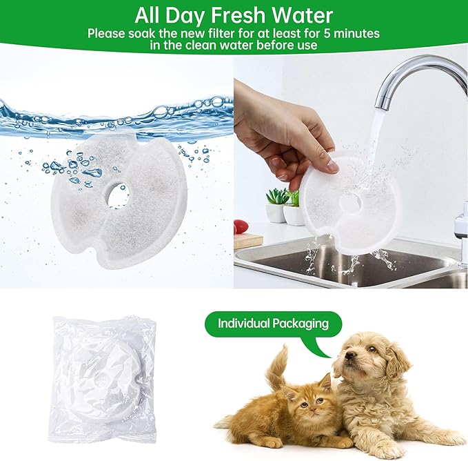 8 Packs Cat Water Fountain Filters for Ultra Silent Cat Fountain 67oz/2L with LED Night Light, Triple Filtration System Activated Carbon Filter with Pre-Filter Sponges for Pet Water Fountain